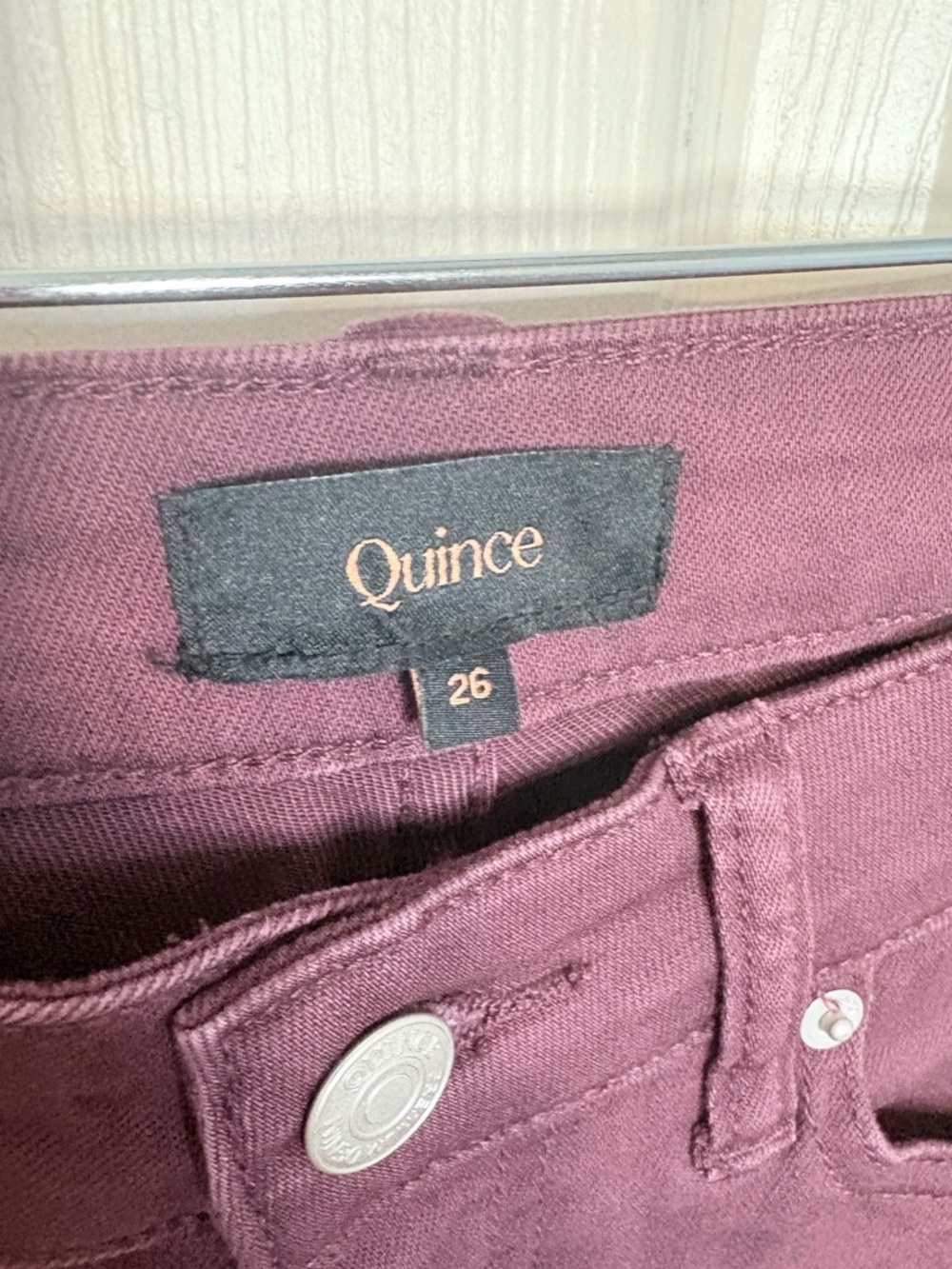 Quince Bella Stretch Straight Jeans Wine Red High Rise Size 26 30” Inseam - Picture 6 of 12